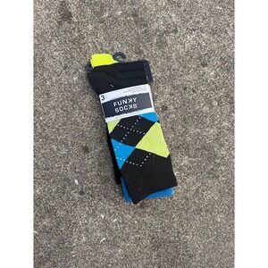 Funky Socks Mens 3 Pack Argyle Crew Socks Black Blue Lime Green Size 10-13